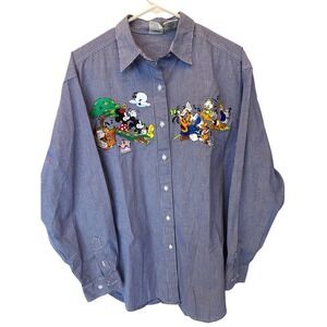 Vintage The Disney Store Womens XL Blue Gingham Mickey Donald Goofy Button Shirt